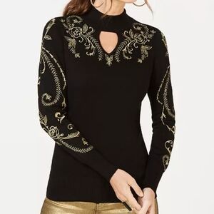 Thalia Sodi Embroidered Keyhole Sweater, Black Gold, Size M